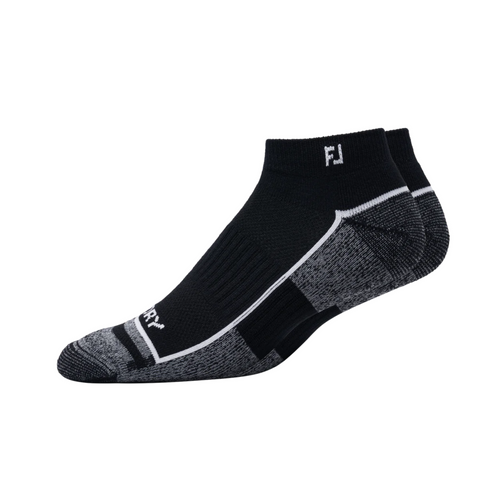 A pair of FootJoy Mens ProDry Sport Socks in black and gray with white accents, featuring moisture control technology and FJ on the cuffs.