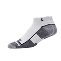 A pair of FootJoy Mens ProDry Sport Socks in white with black and gray accents, featuring FJ near the cuff and designed for superior moisture control.