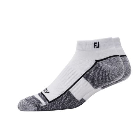 A pair of FootJoy Mens ProDry Sport Socks in white with black and gray accents, featuring FJ near the cuff and designed for superior moisture control.