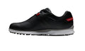 The FootJoy Men's Pro/SL Sport Golf Shoe in black (US 8 only) features a textured Performance Mesh Upper, white and gray sole, and red accents by the heel and laces, shown in side profile on a white background.