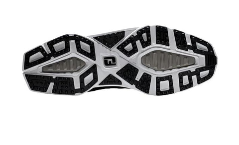 The image displays the FootJoy Men's Pro/SL Sport Golf Shoes in black (US 8 only), showcasing a black, white, and gray Infinity Outsole with a textured tread pattern and the FootJoy logo at the center.