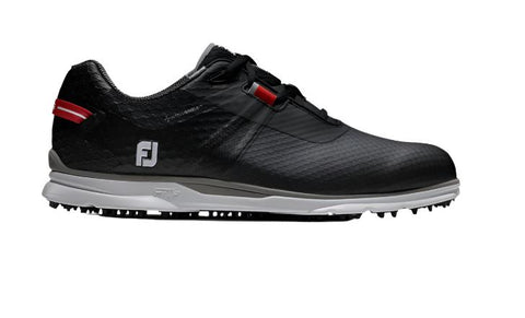 FootJoy Men's Pro/SL Sport Golf Shoes in black (US 8 only) feature a textured Performance Mesh Upper, white sole, subtle red accents, and FJ logo on the side. Displayed on a white backdrop.