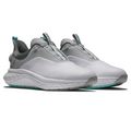 The FootJoy Men's Quantum Boa Golf Shoes in White/Grey/Teal feature a modern slip-on design, textured soles, teal pull tabs, and a wavy midsole for a precision fit, shown here on a white background.