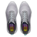 Top-down view of FootJoy Men's Quantum Boa Golf Shoes in White/Grey/Teal, featuring gray accents, teal pull tabs, and branded insoles for a precision fit in a spikeless design.
