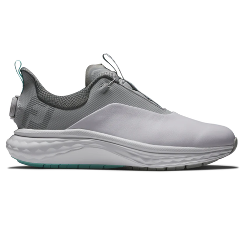 The FootJoy Men's Quantum Boa Golf Shoes in White/Grey/Teal feature mesh ankle detailing, a thick textured sole, and heel/tongue pull tabs for a precision fit. Shown from the side against a white background.