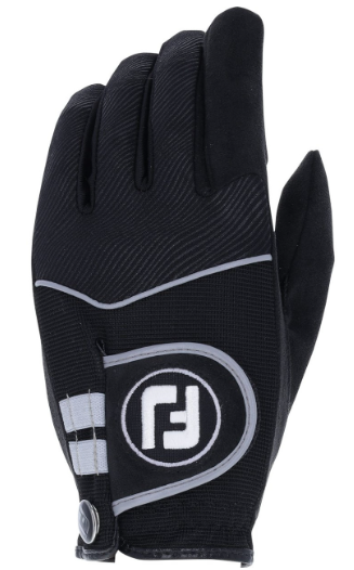 The FootJoy Men’s RainGrip Golf Glove in black features gray accents, a circular FJ logo, textured fabric, and a snap wrist closure for secure all-weather grip—perfect for wet weather play.