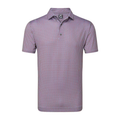The FootJoy Men's Scallop Shell Foulard Lisle Polo is a short-sleeved, collared Shirt in purple and pink with a geometric pattern, moisture-wicking fabric, a three-button placket, and the FJ logo on the collar tag.