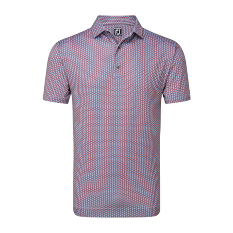 The FootJoy Men's Scallop Shell Foulard Lisle Polo is a short-sleeved, collared Shirt in purple and pink with a geometric pattern, moisture-wicking fabric, a three-button placket, and the FJ logo on the collar tag.