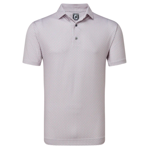 The FootJoy Men’s Scallop Shell Foulard Lisle Polo features light purple moisture-wicking fabric, a subtle geometric pattern, short sleeves, a collar, two buttons, and an FJ logo on the inside label.