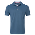The FootJoy Men's Solid Pique with Trim Polo in Dark Denim/Skyway is a short-sleeved, performance pique golf shirt featuring a collar with three buttons, a small white logo on the left collar tip, and subtle white/red inner collar accents.