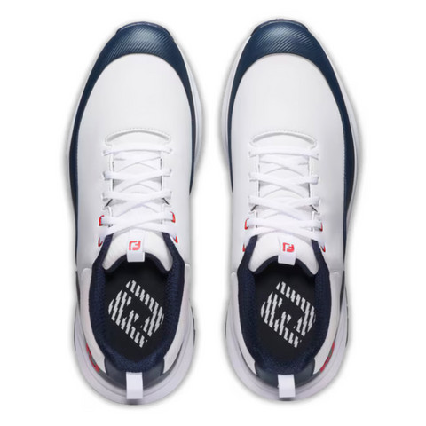 Top view of FootJoy Men's Tour Rival Golf Shoes in white with navy blue toe and collar accents, red lace details, and patterned navy insoles with a stylized logo—premium style and performance from FootJoy.