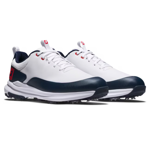 A pair of FootJoy Men's Tour Rival Golf Shoes in white with dark blue soles, toe caps, red accents, and laces. These sporty FootJoy shoes are ideal for outdoor activities on the golf course.