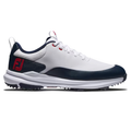 The FootJoy Men's Tour Rival Golf Shoes feature a white and navy blue design with red accents, a white sole with cleats for traction, and a red FJ logo on the heel.