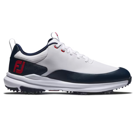 The FootJoy Men's Tour Rival Golf Shoes feature a white and navy blue design with red accents, a white sole with cleats for traction, and a red FJ logo on the heel.