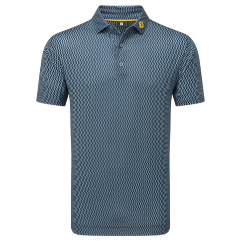 The FootJoy Men’s Wiggle Print Lisle Polo in Navy/White features short sleeves, a buttoned placket, ProDry Performance Fabric, and a small yellow and black logo tag on the collar.