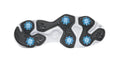 A close-up of the FootJoy Men's eComfort Golf Shoe in black (US 8) highlights its white and black sole with six blue cleats, demonstrating the quality design and comfort of this FootJoy golf shoe.