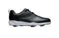 The FootJoy Men's eComfort Golf Shoes in black (US 8 only) feature a sleek design with laces, small spikes for traction, and a white sole. Shown in side profile against a white background.
