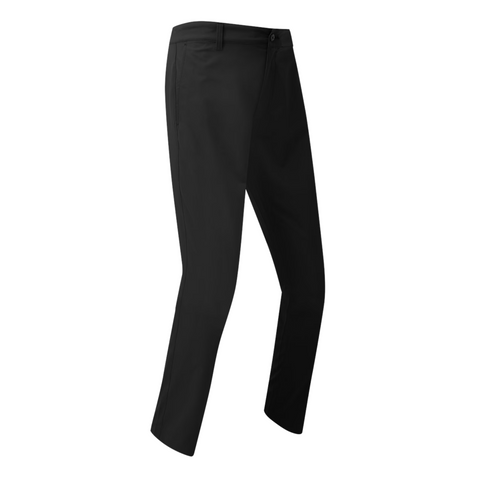 A pair of FootJoy Mens Par Trousers by FootJoy, black straight-leg dress golf pants with button closure, side pockets, and moisture-wicking fabric, shown on a white background.