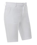 FootJoy Women's Performance Shorts in white feature knee-length stretch fabric, belt loops, front zipper, side pockets, and a fitted design—perfect golf shorts combining comfort and style on the course.
