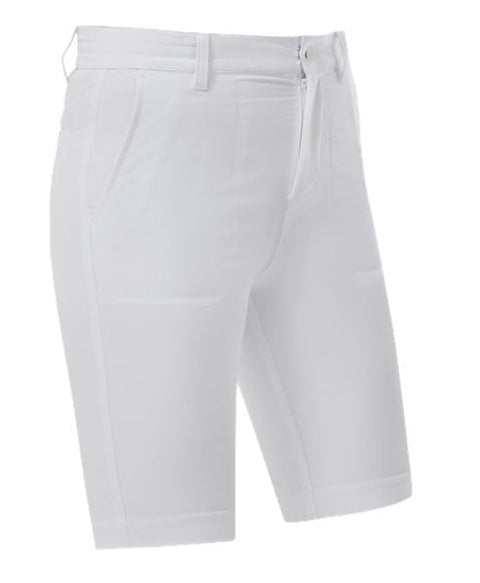 FootJoy Women's Performance Shorts in white feature knee-length stretch fabric, belt loops, front zipper, side pockets, and a fitted design—perfect golf shorts combining comfort and style on the course.