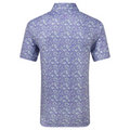 Back view of the FootJoy Primrose Print Lisle Mens Polo by FootJoy, featuring a collar, standard fit, blue/purple/white abstract floral print, and moisture-wicking fabric for cool comfort on the course.
