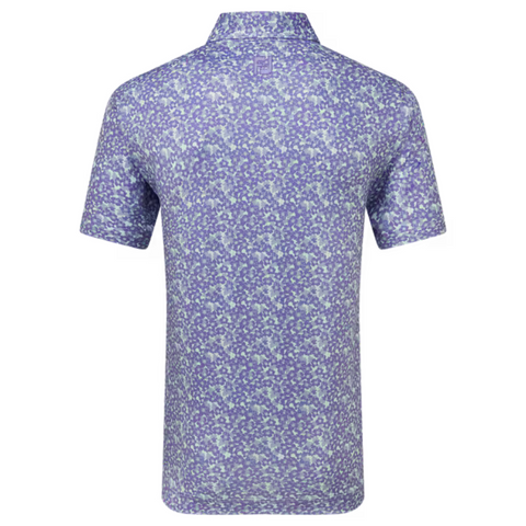 Back view of the FootJoy Primrose Print Lisle Mens Polo by FootJoy, featuring a collar, standard fit, blue/purple/white abstract floral print, and moisture-wicking fabric for cool comfort on the course.