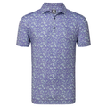 The FootJoy Primrose Print Lisle Mens Polo is a short-sleeved polo with a purple and light blue floral print, moisture-wicking fabric, a collar, three-button placket, and an FJ logo on the inner collar.