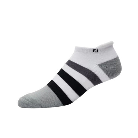 The FootJoy Womens ProDry Roll Tab Sock by FootJoy features moisture-wicking fabric, a low-cut design, gray toe and heel, white cuff, and black and gray midfoot stripes—perfect for womens golf and all-day comfort.