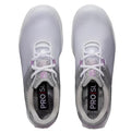 Top view of FootJoy Womens Pro/SL Sport Golf Shoes in White/Lilac (US 6.5 & 9.5), featuring breathable mesh uppers, lilac accents, laces, and PRO SL branding on the black insoles. Perfect blend of comfort and style on the course.
