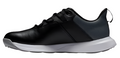 The FootJoy Prolite Mens Golf Shoe in black is shown in side profile on a white background, featuring a white sole, black laces, and a heel pull tab with the sleek look of spikeless golf footwear.
