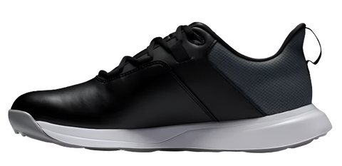 The FootJoy Prolite Mens Golf Shoe in black is shown in side profile on a white background, featuring a white sole, black laces, and a heel pull tab with the sleek look of spikeless golf footwear.