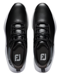 The FootJoy Prolite Mens Golf Shoes in black feature a sleek, modern spikeless design with black laces and the FJ logo on the inner soles—ideal for comfort and performance on the course.