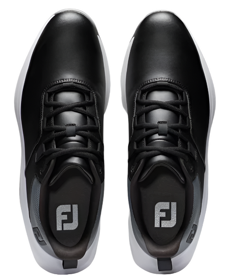 The FootJoy Prolite Mens Golf Shoes in black feature a sleek, modern spikeless design with black laces and the FJ logo on the inner soles—ideal for comfort and performance on the course.