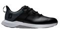 FootJoy Prolite Mens Golf Shoes in black are shown side profile on a white background, featuring a white sole, black laces, dark gray textured heel panel, and the stylized FJ logo on the heel.