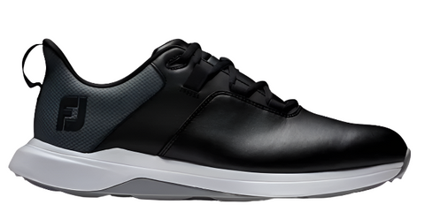 FootJoy Prolite Mens Golf Shoes in black are shown side profile on a white background, featuring a white sole, black laces, dark gray textured heel panel, and the stylized FJ logo on the heel.