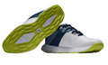 FootJoy Prolite Mens Golf Shoes | White/Navy: One lightweight FootJoy shoe is upright to show the side, while the other displays its bright green sole.