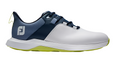The FootJoy Prolite Mens Golf Shoes | White/Navy combine a white front, navy and blue accents, dark blue laces, lime green sole, and FJ logo for a modern look in lightweight athletic golf shoes from FootJoy.