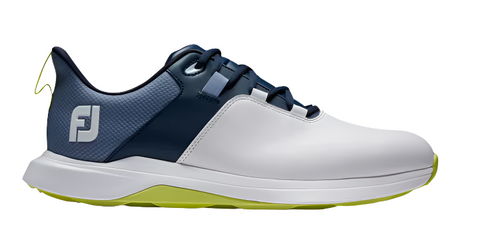 The FootJoy Prolite Mens Golf Shoes | White/Navy combine a white front, navy and blue accents, dark blue laces, lime green sole, and FJ logo for a modern look in lightweight athletic golf shoes from FootJoy.