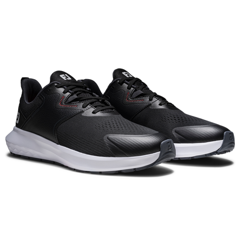 FootJoy QMotion men's golf shoes in Black/Black/Red – angled pair view