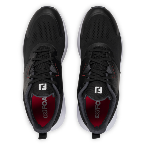 FootJoy QMotion men's golf shoes in Black/Black/Red – top view