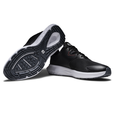 FootJoy QMotion men's golf shoes in Black/Black/Red – upper and outsole view