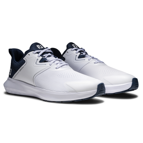 FootJoy QMotion men's golf shoes in White/White/Navy – angled pair view