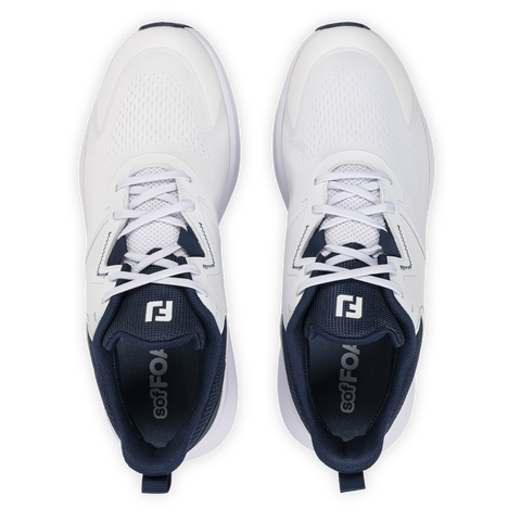 FootJoy QMotion men's golf shoes in White/White/Navy – top view