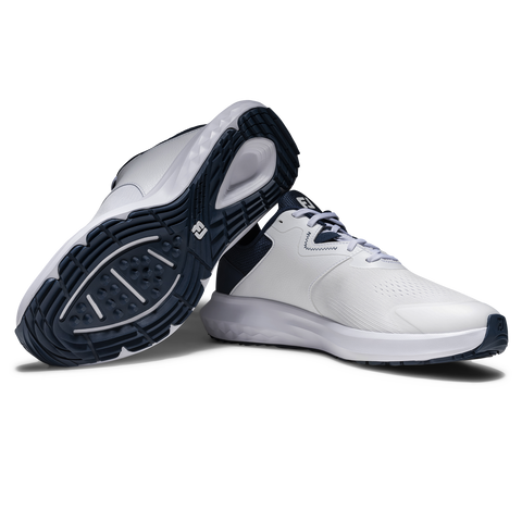 FootJoy QMotion men's golf shoes in White/White/Navy – upper and outsole view