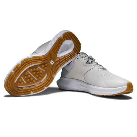 FootJoy QMotion women's golf shoes in Grey/Grey/Green – upper and outsole view