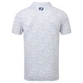 The FootJoy Scottish Town Mens Print Polo is a short-sleeved, white golf shirt with a subtle blue line pattern and FJ logo at the neck, offering moisture-wicking comfort and style for every round.