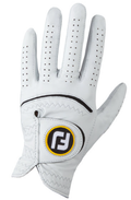 The FootJoy StaSof Men's Golf Glove in White features black stitching, ventilation holes, premium Cabretta leather, and a round yellow, black, and white FJ logo on the wrist strap.