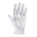 The FootJoy StaSof Men's Golf Glove in white, made from premium Cabretta leather with finger perforations, is displayed palm up against a plain white background.