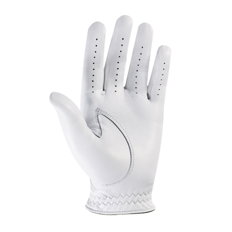 The FootJoy StaSof Men's Golf Glove in white, made from premium Cabretta leather with finger perforations, is displayed palm up against a plain white background.