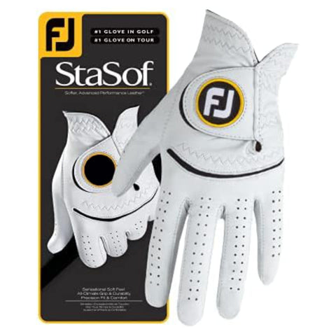 The FootJoy StaSof Men's Golf Glove in white is featured before its branded packaging, highlighting the premium design, black accents, FJ logo, and trusted FootJoy quality.